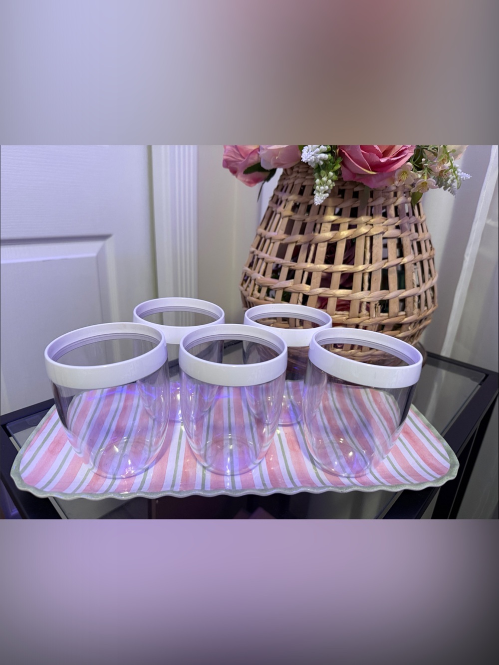 Tupperware Clear tumblers with White rim (Set of 5) with tray
